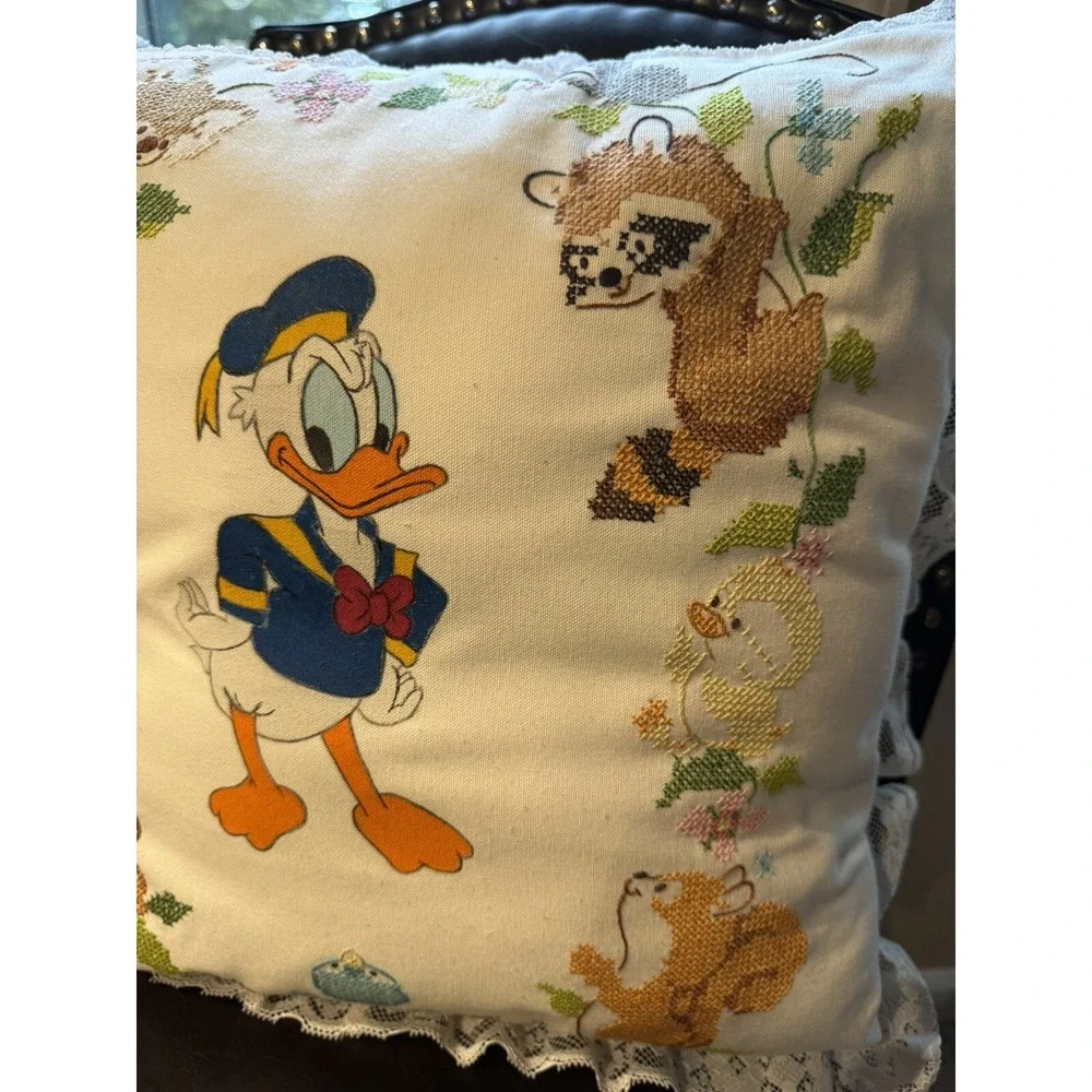 Vintage Donald‎ Duck Handmade Animal Stitches Pillow With Lace Trim 1988 15